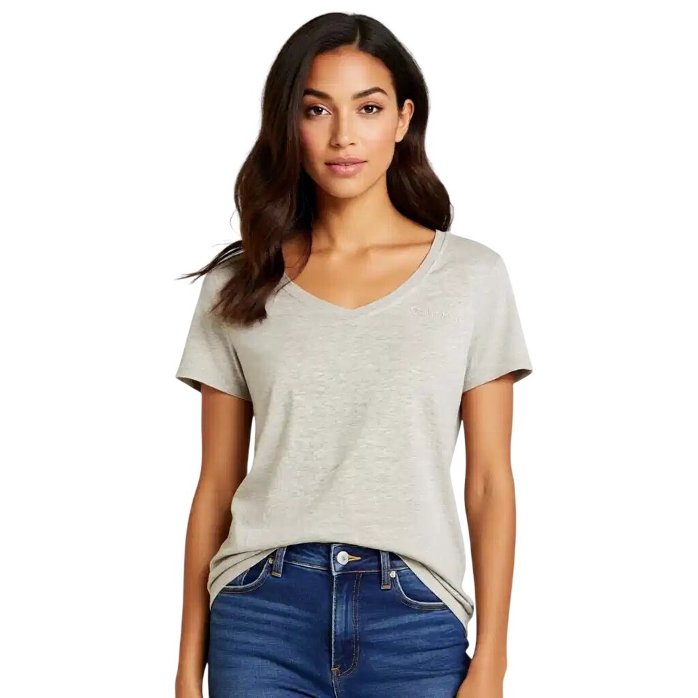 Calvin Klein Performance Womens‎ V-Neck Short Sleeve Logo T-Shirt Tan gray L NWT